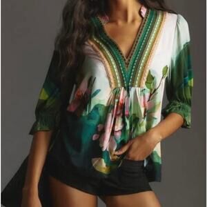 Anthropologie Blank London Womens XL Green Stephanie Embroidered Floral Boho Top